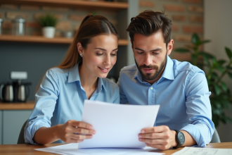 Jeune couple français examine documents de prêt immobilier