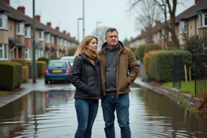 Couple d'adultes devant leur maison inond&eacute;e dans la banlieue