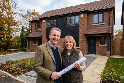 Couple souriant devant leur maison neuve en banlieue