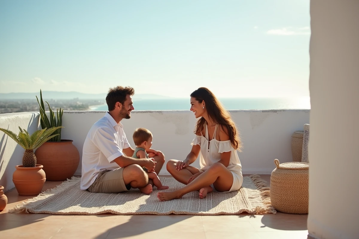 Jeune couple avec enfant sur une terrasse &agrave; Essaouira
