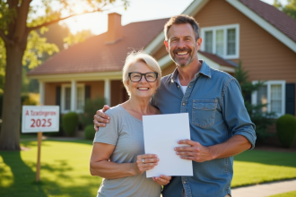 Couple souriant devant leur maison avec document et panneau 2025