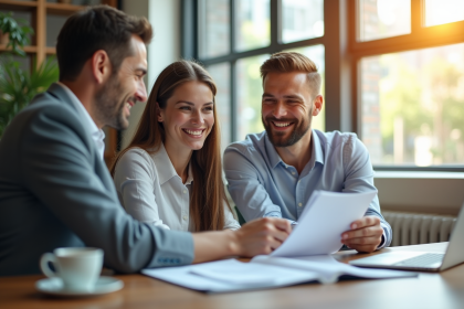 Couple souriant avec conseiller financier dans un bureau moderne