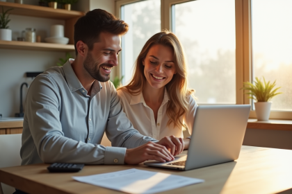 Jeune couple souriant dans la cuisine avec documents de pret