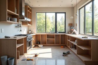 Cuisine moderne en rénovation avec plomberie apparente et ouvriers