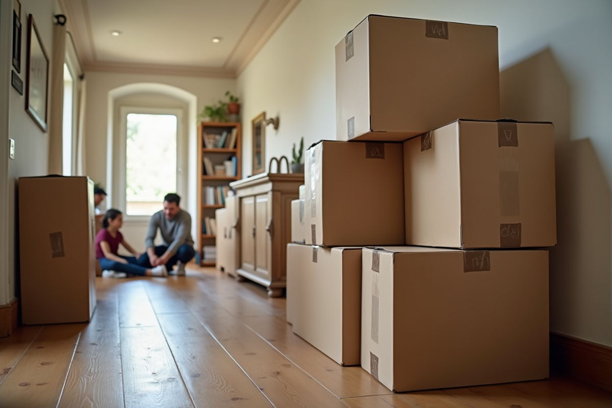 Cartons et valises dans un couloir de maison traditionnelle