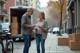 Couple d'adultes vérifiant un calendrier devant un camion de déménagement