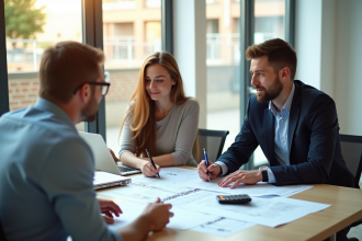 Couple discutant plans de construction avec professionnel dans un bureau lumineux