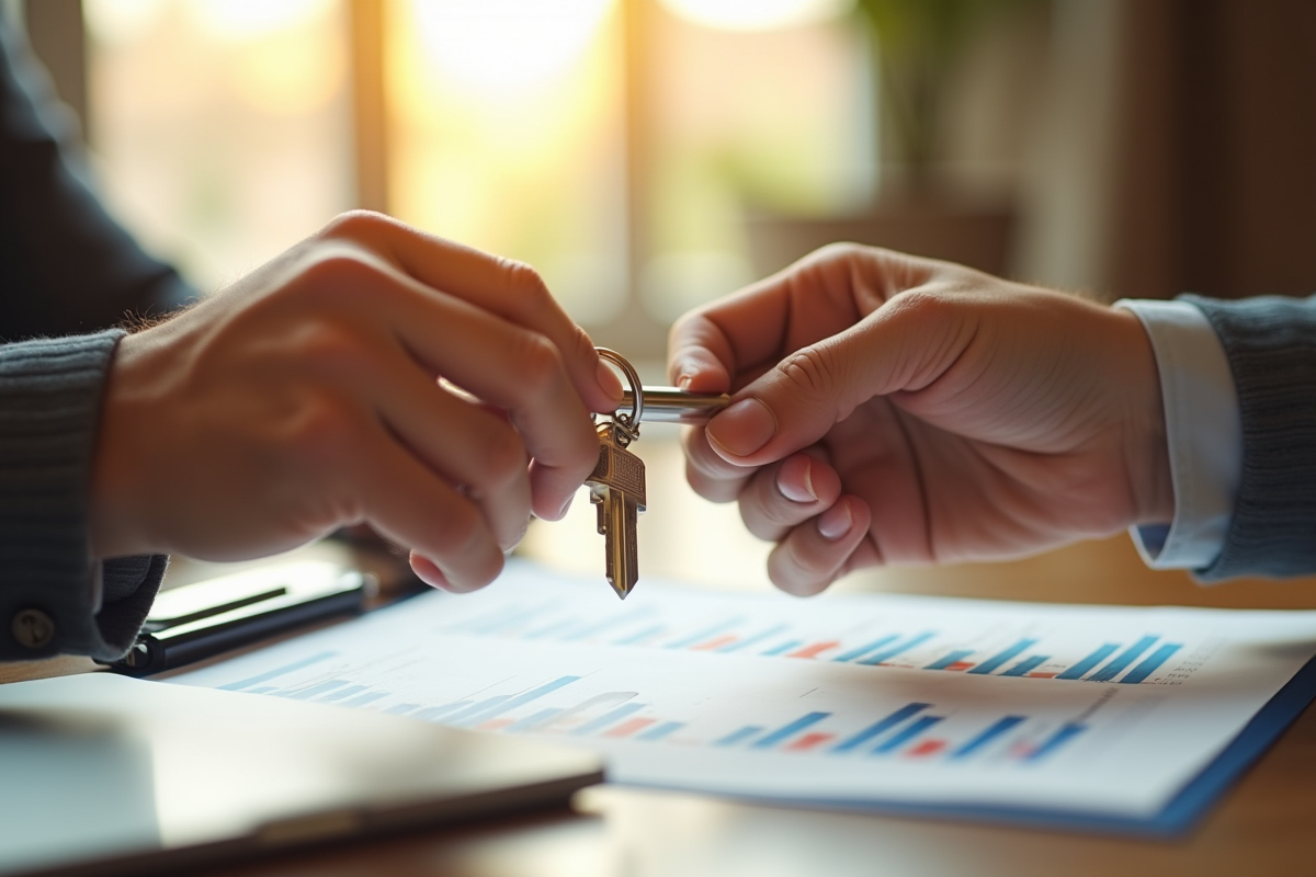 Main échangeant une clé et un document immobilier en lumière naturelle