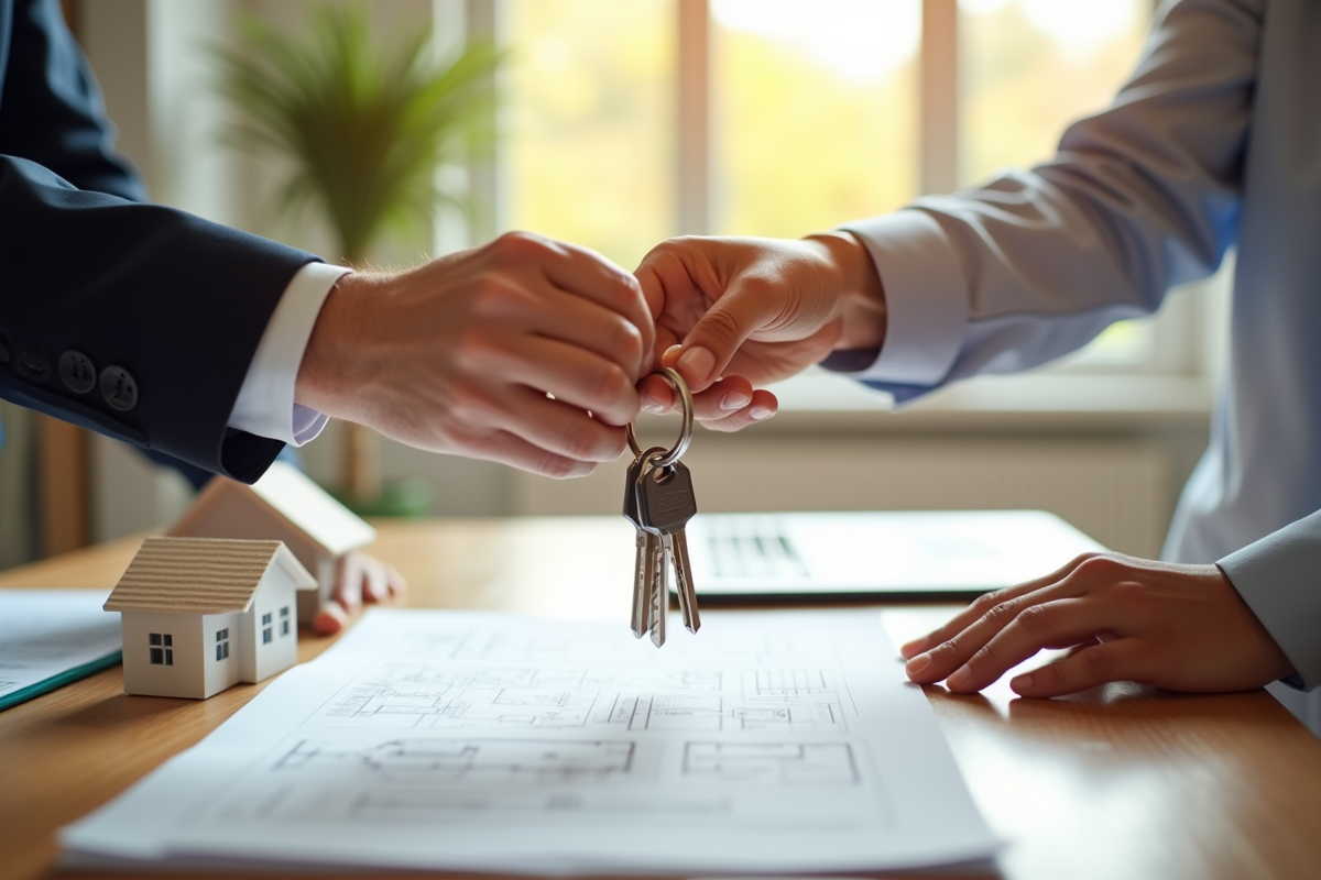 Main échangeant clés et contrat immobilier sur une table en lumière naturelle