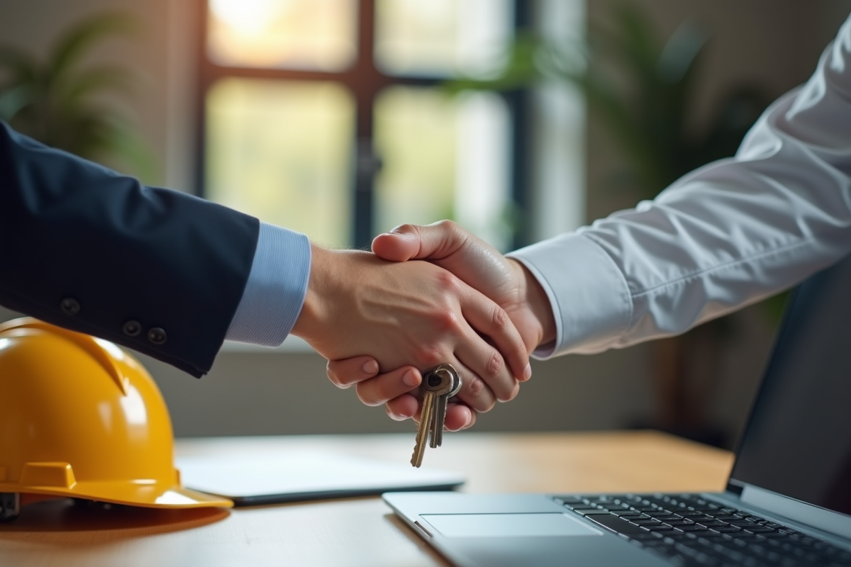 Main remettant documents et clés sur bureau en bois