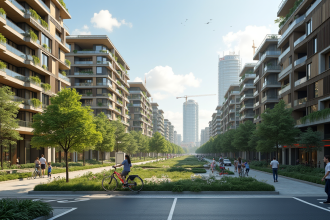 Ecodistrict moderne en ville dense avec bâtiments durables et espaces verts