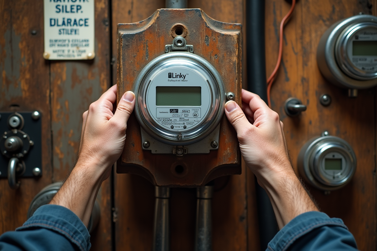 Électricien ajustant un compteur Linky sur bois ancien