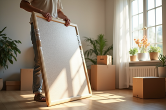 Personne emballant une grande peinture dans un salon lumineux