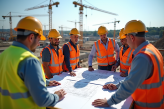 Ingénieurs et ouvriers autour de plans sur un chantier ensoleillé