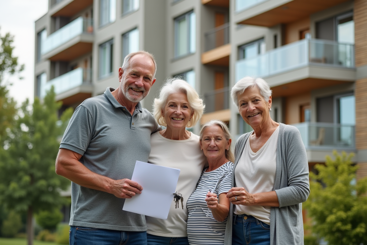 Famille multigenerationale devant un immeuble avec clés et documents