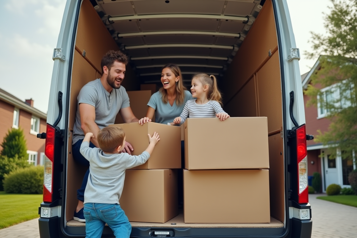 Famille arrangeant des caisses de demenagement dans un camion