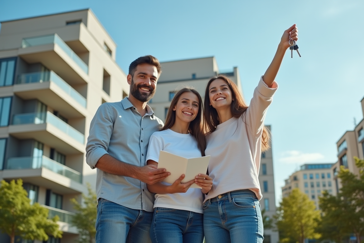 Famille heureuse devant un immeuble moderne tenant des clés et documents