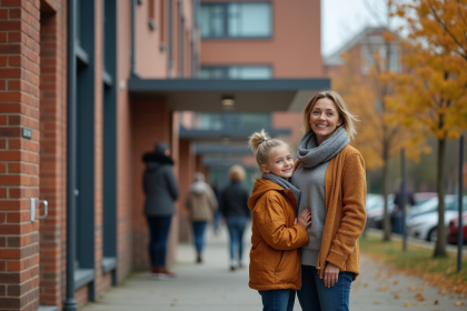 Femme et fille devant un immeuble social rénové