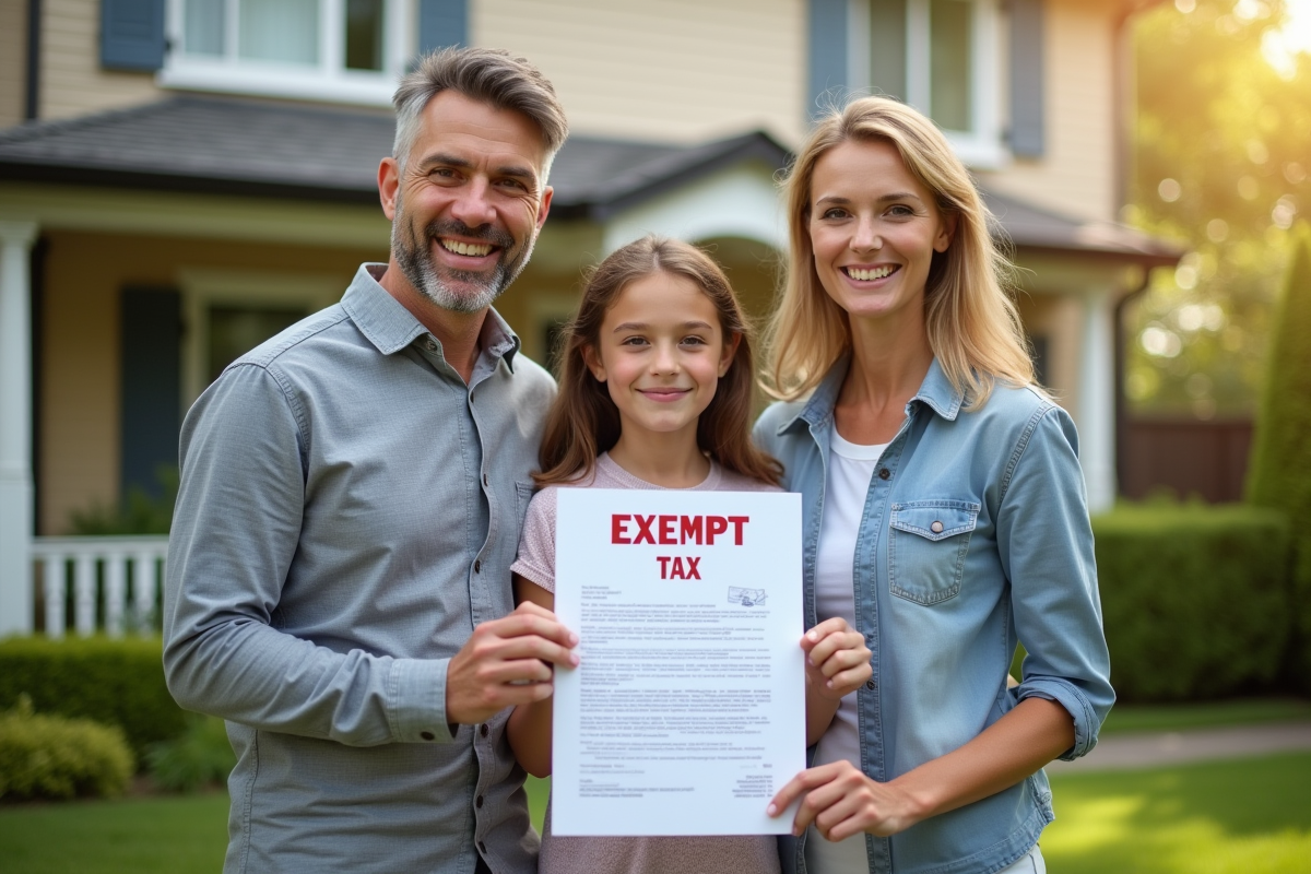 Famille heureuse devant leur maison avec document d exemption fiscale