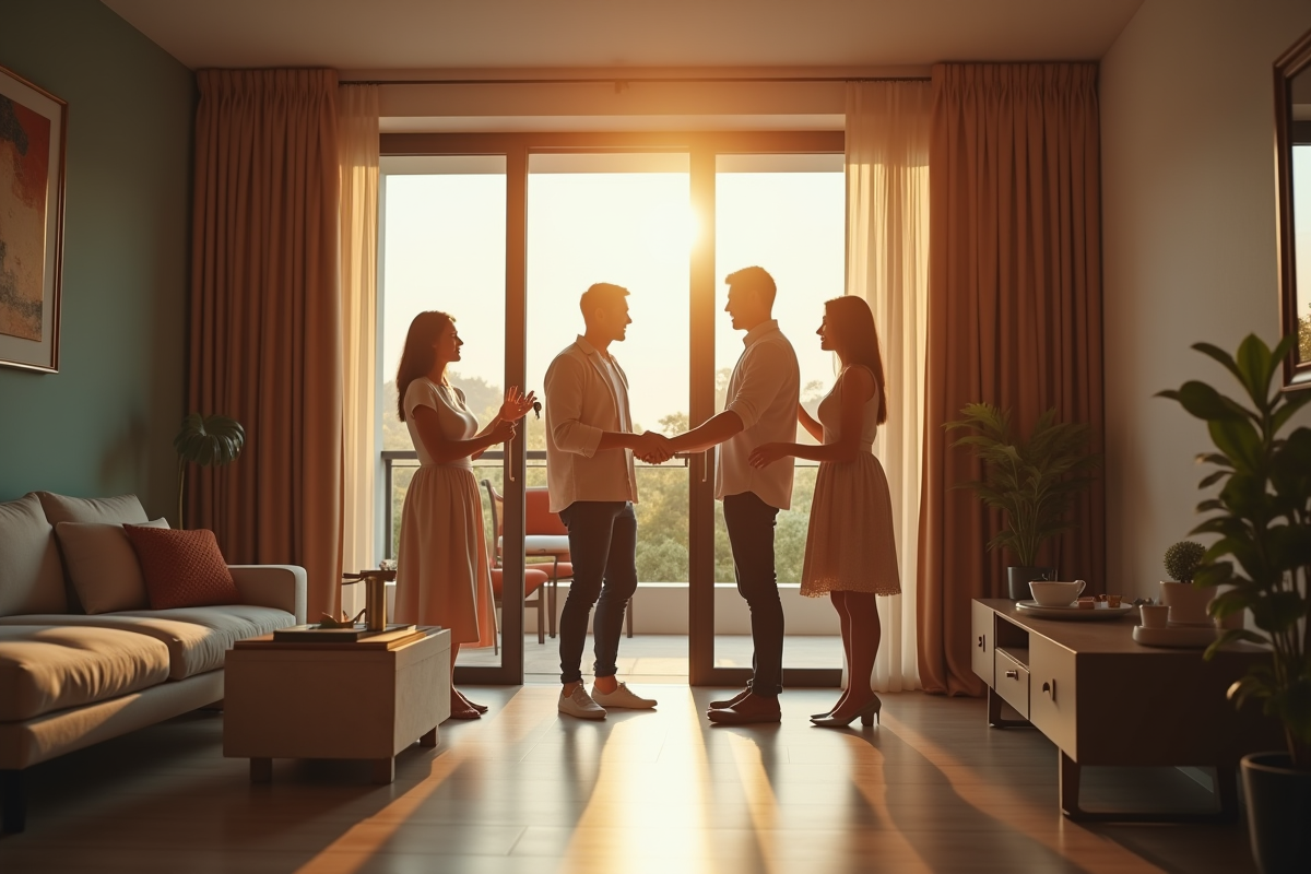 Famille heureuse check-in dans un appartement moderne
