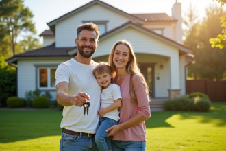 Famille heureuse devant leur maison avec clés en main