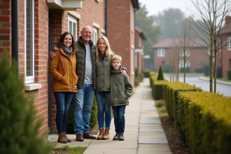 Famille souriante devant une maison de banlieue au printemps