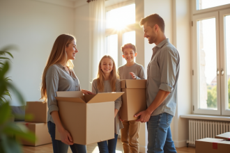Famille heureuse avec cartons dans un salon lumineux