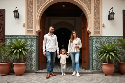 Famille marocaine devant un riad traditionnel &agrave; Essaouira