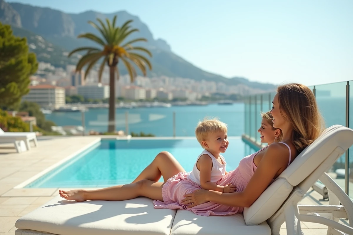 Famille détendue au bord de la piscine à Monte Carlo