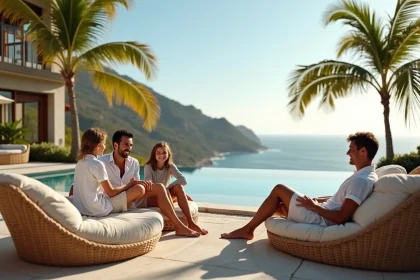 Famille souriante sur la terrasse avec piscine et vue mer