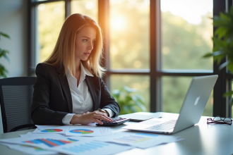 Femme d'affaires analysant des graphiques financiers dans un bureau lumineux