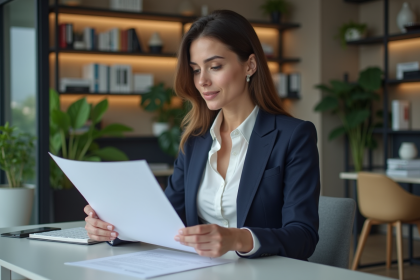 Femme d affaires en bureau moderne avec documents immobiliers