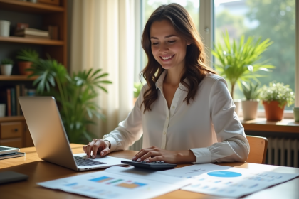 Jeune femme souriante analysant des graphiques immobiliers dans un bureau lumineux