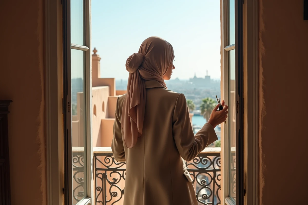 Jeune femme regardant la ville depuis un balcon de riad &agrave; Essaouira