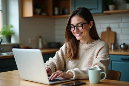 Femme souriante utilisant sa carte bancaire en cuisine