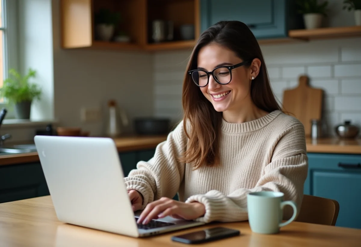 Femme souriante utilisant sa carte bancaire en cuisine