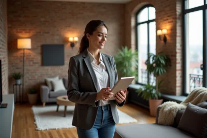 Femme confiante avec tablette dans appartement lyonnais