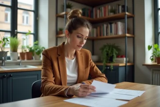 Femme confiante en blazer assise à la table cuisine