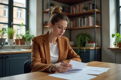 Femme confiante en blazer assise &agrave; la table cuisine