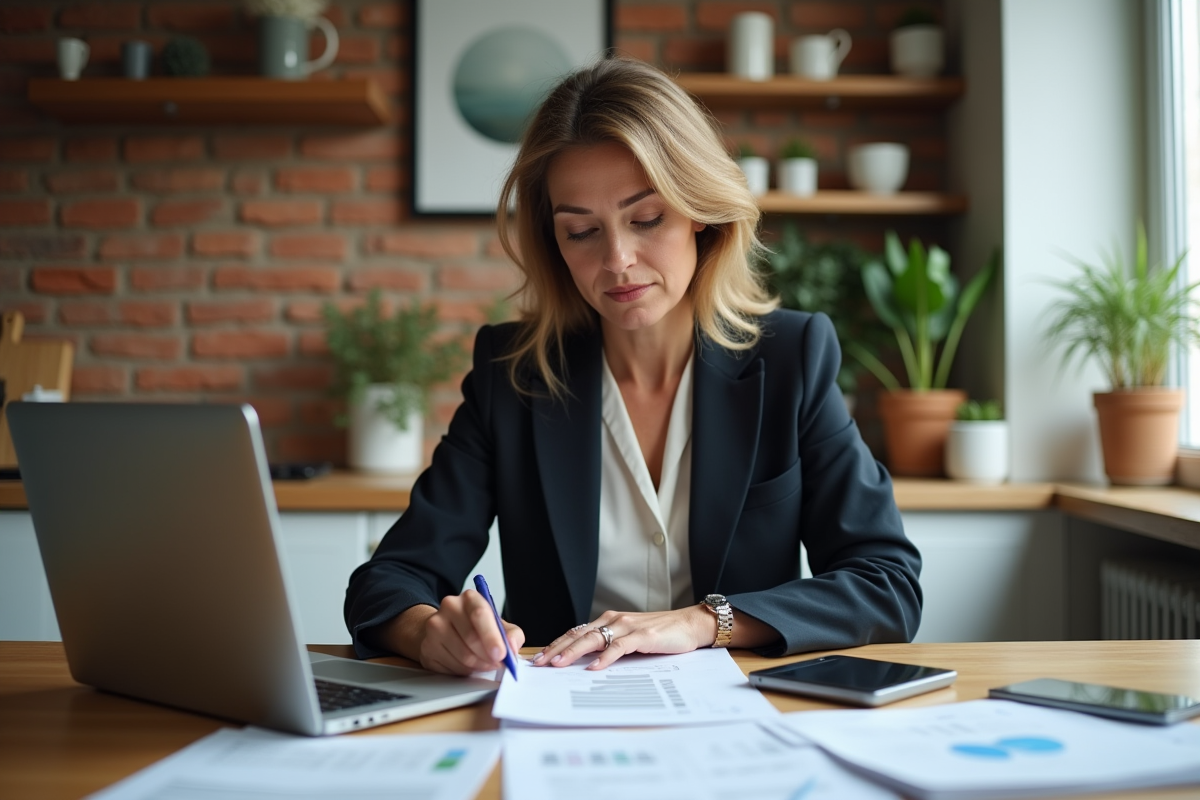 Femme confiante examinant documents financiers à la maison