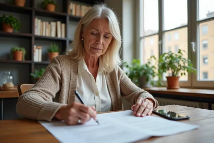 Femme examinant un contrat de location dans un appartement lumineux