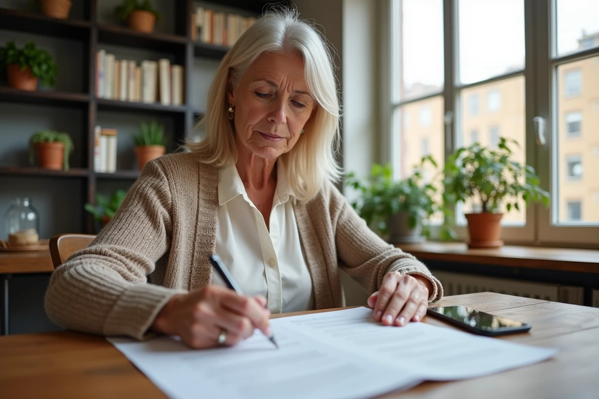 Femme examinant un contrat de location dans un appartement lumineux