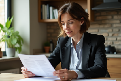 Femme d'âge moyen examine des documents d'assurance à la maison