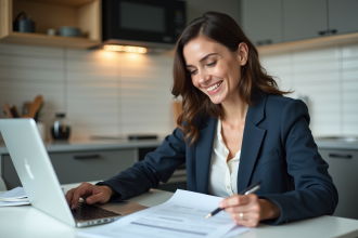 Femme souriante vérifiant des documents de prêt immobilier