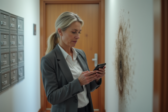 Femme d affaires examine une tache d humidite sur un mur