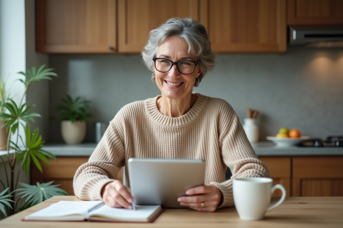 Femme d age moyen souriante avec tablette en cuisine