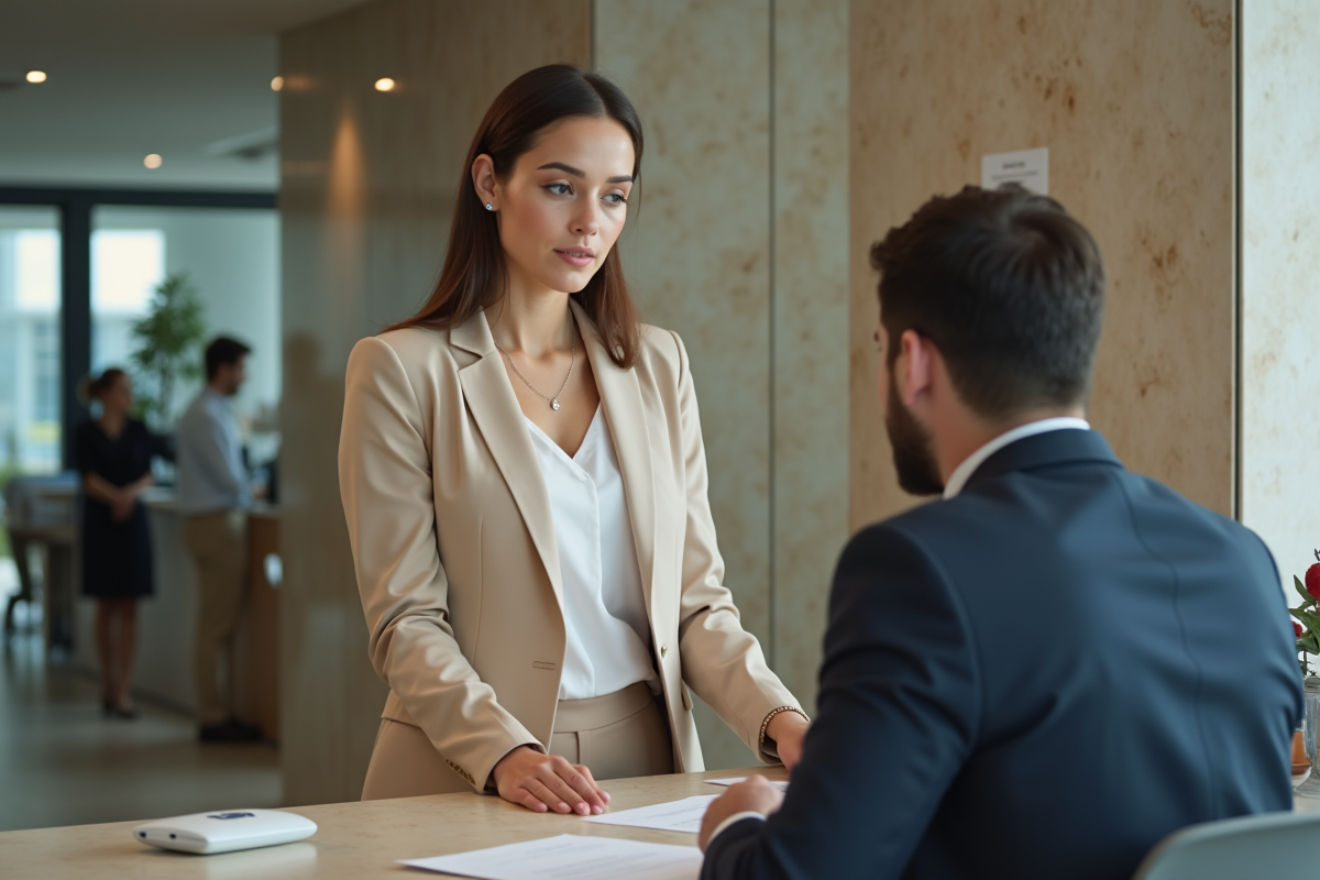 Femme professionnelle discutant avec un banquier au guichet