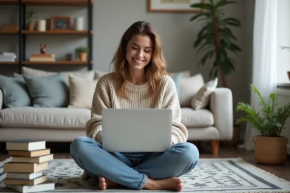 Femme assise écrivant une annonce de colocation dans un salon