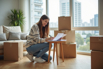 Jeune femme souriante remplissant des papiers dans un appartement lumineux
