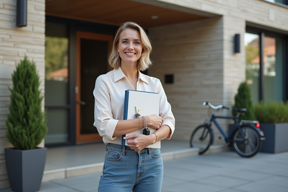 Femme souriante avec clés devant immeuble moderne
